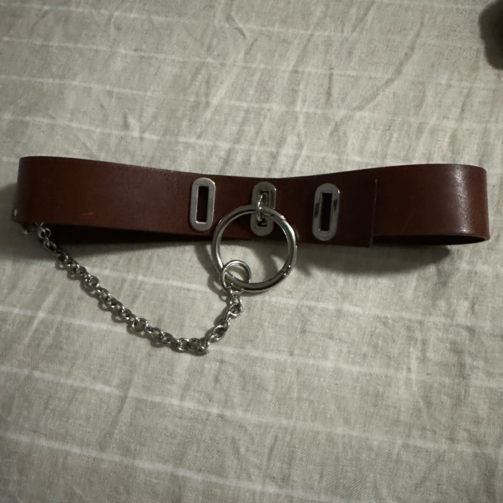 Brown Leather Belt with Silver Chain